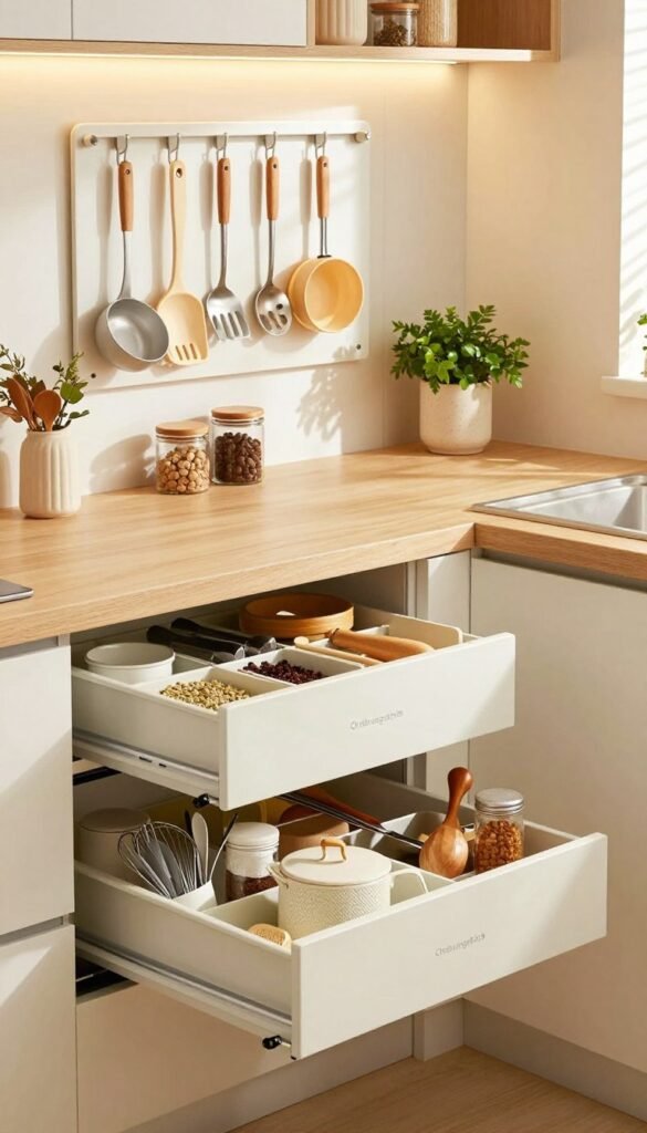 A cozy modern kitchen showcasing innovative storage solutions, featuring sleek wall-mounted pegboards with hooks for utensils and small cookware. The foreground displays a compact, neatly organized sliding drawer system labeled "Ordnungskiste," containing various cooking tools, spices, and kitchen gadgets, harmonized in warm, natural colors. In the middle ground, an inviting countertop with decorative jars and potted herbs adds a touch of freshness. The background reveals soft, ambient lighting filtering through a nearby window, casting gentle shadows and enhancing the cozy atmosphere. The overall mood feels organized yet welcoming, ideal for a space-efficient kitchen. Emphasize a Pinterest-worthy aesthetic, ensuring the image is authentic and free from any text or watermarks.