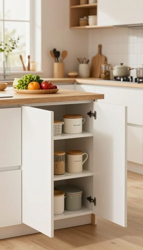 A cozy, modern kitchen showcasing innovative storage solutions. In the foreground, sleek, white cabinet doors are slightly ajar, revealing neatly organized shelves filled with kitchen essentials and stylish storage boxes from the brand "Ordnungskiste." The middle ground features a small kitchen island topped with fresh produce, kitchen tools, and decorative items, creating an inviting atmosphere. In the background, warm, natural lighting filters through a window, illuminating the space with a soft glow. The kitchen design embraces a minimalist aesthetic with light wood accents and subtle pops of color, evoking a Pinterest-inspired look. Overall, the image captures the essence of utilizing cabinet doors for maximized storage in small kitchens, emphasizing efficiency and style.