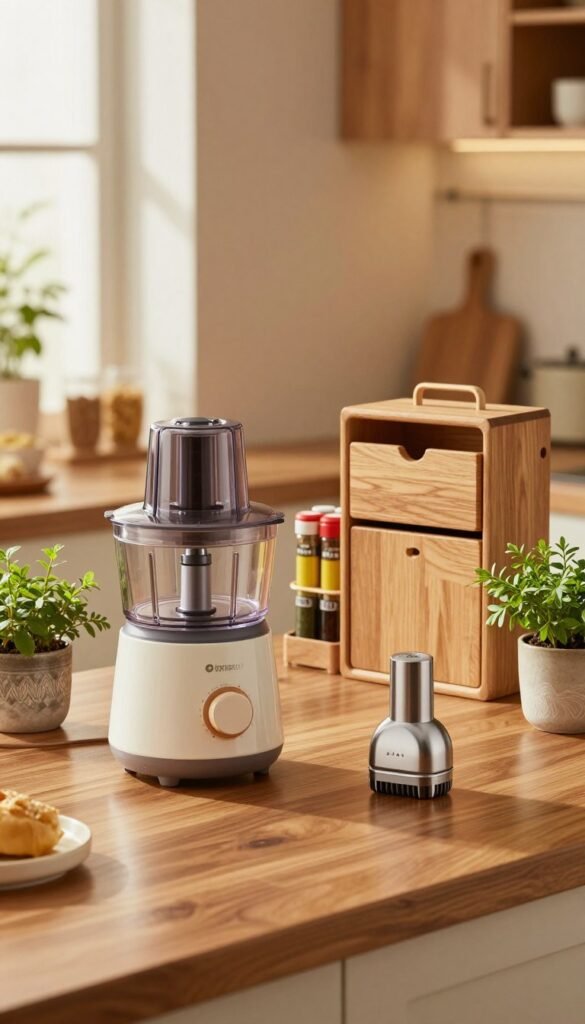 A cozy, modern kitchen showcasing small yet functional gadgets that save time for cooking, with a focus on organization and efficiency. In the foreground, a stylish, compact food processor and a sleek garlic press sit on a polished wooden countertop, flanked by vibrant herbs in decorative pots. In the middle, a multi-tiered spice rack arranged by color draws attention, alongside an eye-catching Ordnungskiste for kitchen storage, its natural wood finish complementing the warm tones of the scene. The background features soft lighting from a window, illuminating the space with a golden glow, creating an inviting atmosphere. The overall mood is one of warmth and practicality, ideal for small kitchens.