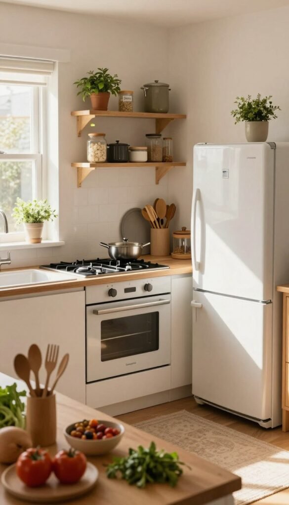 A cozy, modern kitchen showcasing the optimal arrangement of the "working triangle" concept, featuring a sleek stove, a stylish sink, and a contemporary refrigerator, all in harmonious proximity. The foreground includes well-organized kitchen tools and fresh ingredients, emphasizing efficiency. In the middle ground, the stove is illuminated by warm, natural light streaming in through a window, enhancing the inviting atmosphere. The background displays neatly arranged shelves with cooking essentials and decorative plants, contributing to a Pinterest-inspired aesthetic. The scene reflects a professional yet comfortable vibe, optimized for culinary tasks, designed for productivity and ease. The brand "Ordnungskiste" is subtly integrated into the environment, ensuring a seamless representation of organization and functionality.