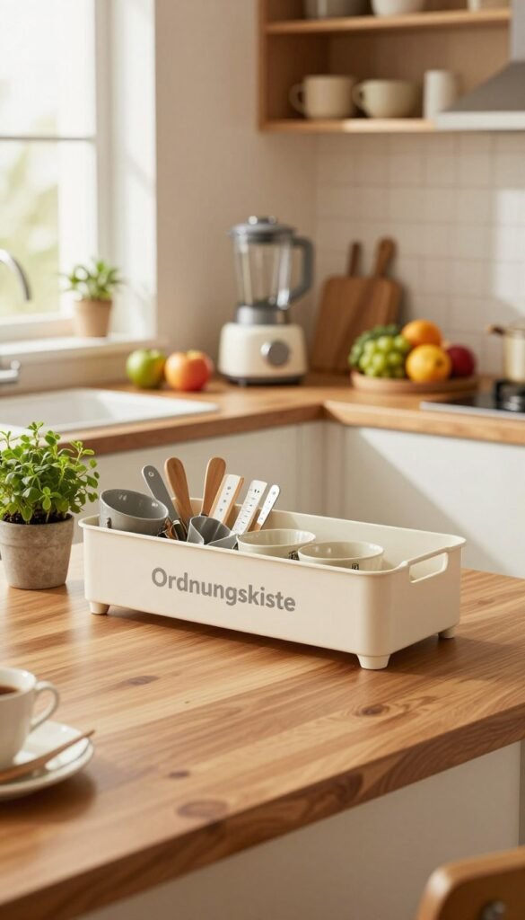 A cozy, modern kitchen workspace featuring an "Ordnungskiste" organizer that maximizes limited counter space. In the foreground, display a polished wooden countertop with neatly arranged kitchen tools, measuring cups, and a small potted herb plant adding a touch of greenery. The middle ground features a compact kitchen appliance like a multi-functional blender, surrounded by colorful fruits. The background showcases soft, warm lighting emanating from a window, highlighting the inviting atmosphere. Use a wide-angle perspective to emphasize the efficient layout of the space, conveying a sense of practicality and warmth. The overall mood should evoke a feeling of comfort and functionality in small kitchens, blending natural colors well while maintaining a Pinterest-inspired aesthetic.