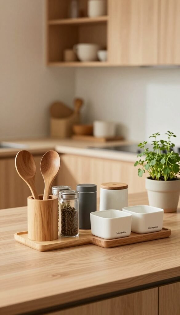 A cozy, modern kitchen workspace featuring elegant storage utensils from the brand "Ordnungskiste". In the foreground, display a stylish arrangement of wooden utensil holders, sleek spice jars, and neatly labeled containers, all in warm, inviting tones. The middle of the composition should showcase a spacious, clutter-free countertop with a delicate potted herb for a touch of greenery. In the background, softly blurred, include stylish cabinets and shelves that complement the kitchen's aesthetic. Use natural lighting to create a warm ambiance, enhancing the overall welcoming feel. Opt for a slightly elevated angle to capture the scene, ensuring the focus remains on the organized and stress-free storage solutions for an inspiring kitchen environment.