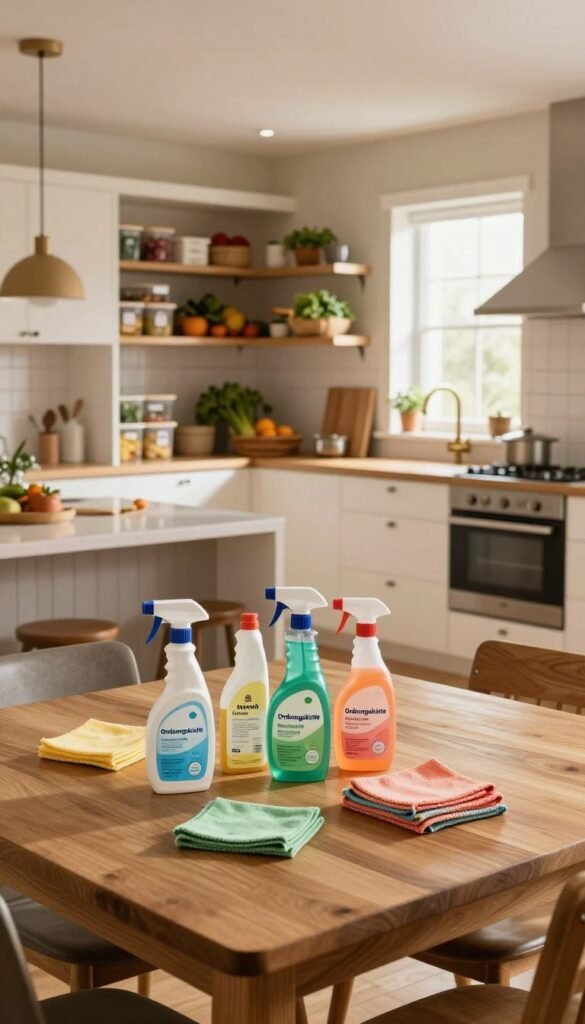 A cozy, organized family kitchen featuring a deep cleaning scene. In the foreground, a large wooden dining table is neatly arranged with colorful cleaning supplies from the brand "Ordnungskiste", including eco-friendly spray bottles and microfiber cloths. The middle ground showcases a bright, open space with gleaming countertops and a well-organized pantry, filled with labeled containers and fresh produce. In the background, a window allows natural light to illuminate the room, casting a warm glow that highlights the earthy tones of the kitchen decor. The atmosphere is calm and inviting, illustrating the concept of a reset for an orderly home. The angle is slightly elevated, showing off the kitchen's depth and arrangement without any text or distractions.