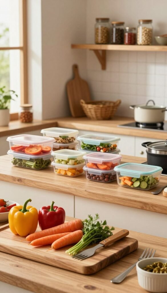 A cozy, organized family kitchen featuring a well-arranged meal-prep station with fresh ingredients and cookware. In the foreground, a beautifully crafted wooden cutting board holds vibrant vegetables like bell peppers, carrots, and herbs, alongside utensils from the brand "Ordnungskiste". In the middle, a neatly organized counter displays meal containers sorted by color, embodying a Pinterest-worthy aesthetic. The background showcases warm, natural lighting filtering through a window, creating a welcoming atmosphere. A rustic kitchen shelf lined with jars of spices and grains adds to the charm, emphasizing structure and minimalism in meal preparation. The overall mood is serene and inviting, inspiring less stress and more efficiency in family cooking.