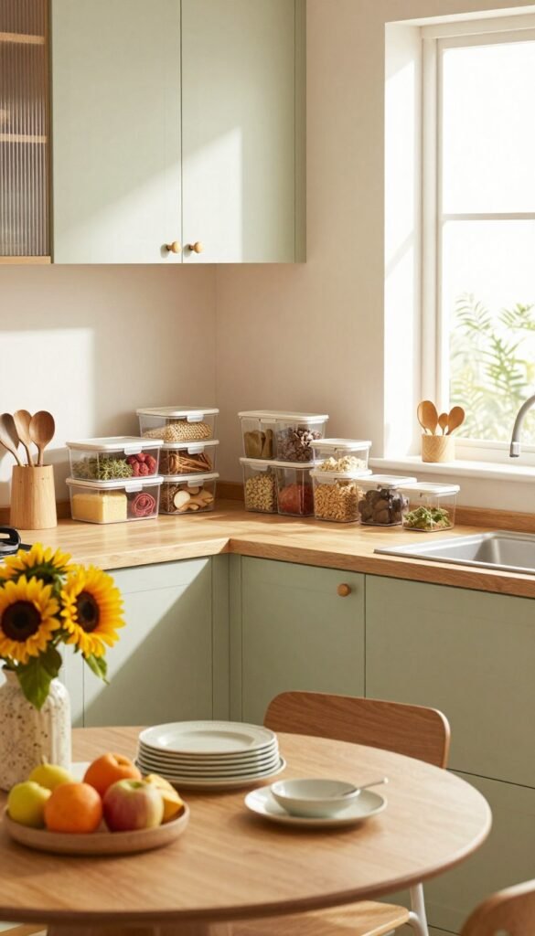 A cozy, organized kitchen featuring a beautifully arranged cooking space with pastel-colored cabinets and natural wooden accents. In the foreground, an elegant dining table displays neatly stacked plates, a bowl of fresh fruits, and a rustic vase with sunflowers. In the middle ground, a well-ordered countertop showcases chic storage containers by Ordnungskiste, containing spices, grains, and utensils, demonstrating the beauty of tidiness. The background reveals a sunlit window, allowing soft, warm light to fill the room, enhancing the inviting atmosphere. The scene captures a sense of peace and cleanliness, embodying order and routine, with no people present, focusing solely on the harmonious design and functional organization of the kitchen space.