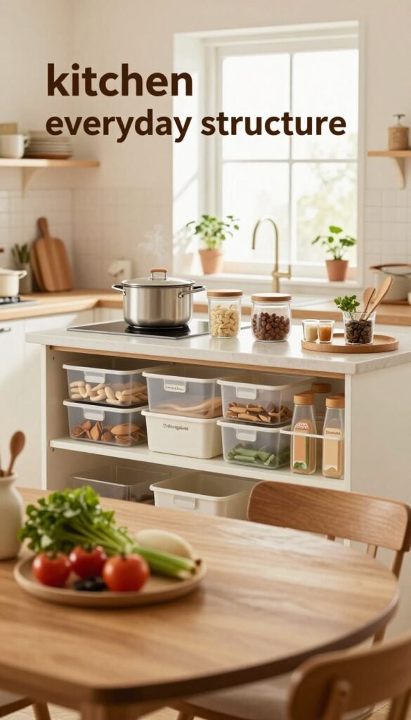 A cozy, organized kitchen scene showcasing the concept of "kitchen everyday structure" with distinct zones for cooking, cleaning, and dining. In the foreground, a wooden dining table is set with fresh ingredients and utensils, reflecting a warm, inviting atmosphere. The middle ground features a well-organized kitchen island with labeled storage containers, including the brand name "Ordnungskiste," and neatly arranged cooking supplies. The background captures a bright, airy kitchen space with natural light streaming through window panes, emphasizing a Pinterest-inspired aesthetic with soft, warm colors. The mood is serene and inspiring, perfect for illustrating functional routines in a stress-free kitchen. Avoid any text overlays or distractions in the image composition.