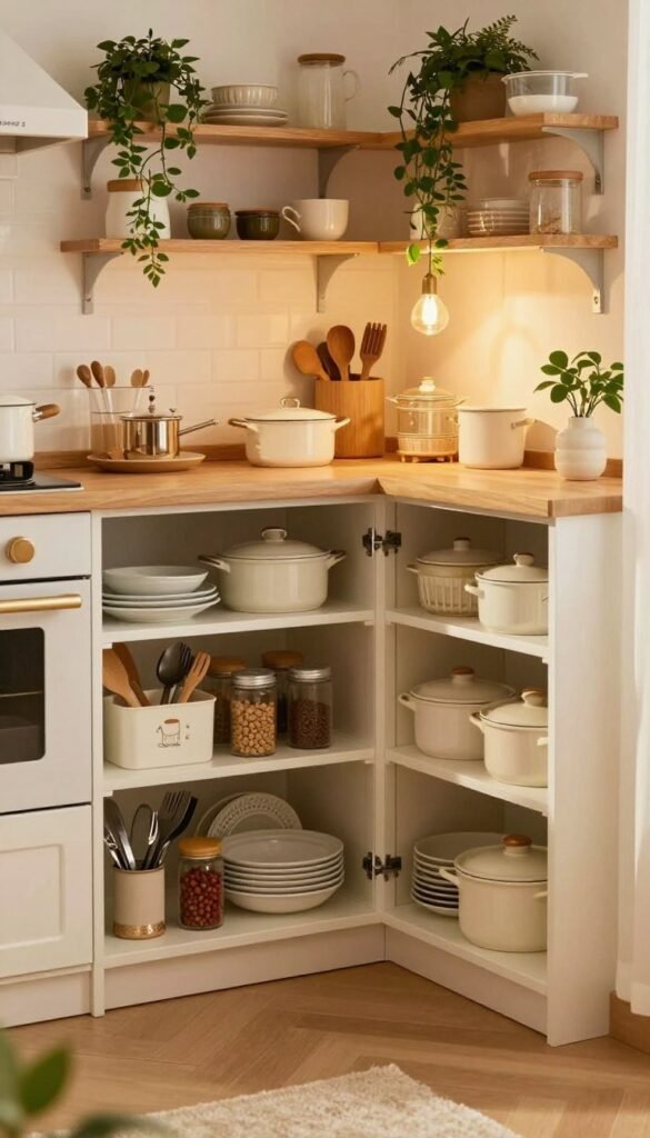 A cozy, small kitchen featuring clever storage solutions for corners and niches. In the foreground, a stylish Ordnungskiste neatly organized with kitchen utensils, spices, and dishware. The middle section showcases a corner cabinet filled with pots and pans, all elegantly arranged to maximize space. In the background, a vintage-inspired kitchen with warm, natural lighting, highlighting wooden shelves adorned with greenery and decorative items. Accentuate the atmosphere with soft shadows and the gentle glow of pendant lights. The overall mood should be inviting and functional, blending modern aesthetics with a touch of warmth, creating an authentic Pinterest-worthy look. No text or branding mentioned in the image.