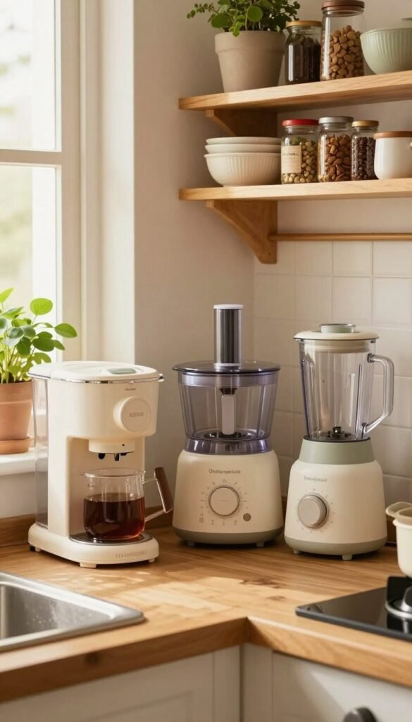 A cozy, small kitchen filled with common space-saving gadgets, showcasing the challenges of limited space in everyday life. In the foreground, a wooden countertop displays efficiently arranged small appliances, such as a compact coffee maker, a stackable food processor, and a sleek blender. The middle ground features shelves overflowing with neatly organized kitchen tools and spices, with a hint of greenery from a small potted herb. In the background, a brightly lit window casts warm, natural light throughout the room, enhancing the inviting atmosphere. The overall mood is warm and practical, capturing an authentic Pinterest aesthetic. A visible but subtle "Ordnungskiste" storage solution is elegantly incorporated into the scene, emphasizing clever organization. No text, logos, or labels are included, ensuring a clean visual appeal.