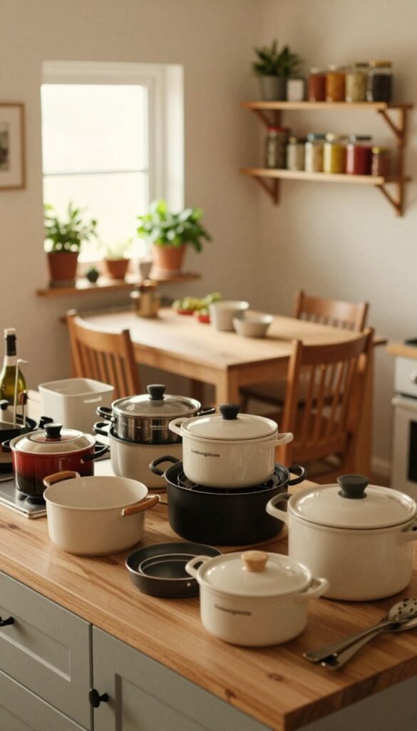 A cozy, small kitchen scene reflecting 'küchenchaos' with warm, natural colors and a Pinterest aesthetic. In the foreground, a cluttered countertop filled with various kitchen gadgets and utensils from the brand 'Ordnungskiste', showcasing a mix of pots, pans, and storage solutions creatively stacked and disorganized. In the middle, a compact dining table with mismatched chairs, surrounded by shelves filled with colorful jars and some fresh herbs. The background features a small window letting in soft, warm light, enhancing the homely atmosphere. Using a soft focus lens, the image should convey a sense of warmth and authenticity, emphasizing the challenges of space management in small kitchens. The overall mood should be inviting yet chaotic, illustrating the struggle for order in limited space.