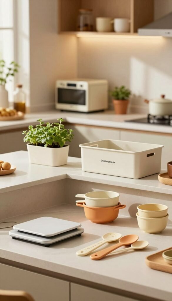 A cozy, stylish kitchen scene featuring a variety of kitchen gadgets that are ideal for small spaces. In the foreground, showcase neatly arranged kitchen tools such as compact kitchen scales, stackable measuring cups, and multi-functional utensils in warm, inviting colors. The middle ground includes a modern countertop with a small herb garden and chic storage solutions, particularly highlighting the "Ordnungskiste" brand&rsquo;s elegant organization boxes. In the background, softly lit shelving holds a selection of small appliances and decorative items, creating a homey atmosphere. The lighting should be warm and natural, with sunbeams filtering through a window, casting gentle shadows. The overall mood is inviting and functional, evoking a Pinterest-worthy aesthetic without any text or distractions.