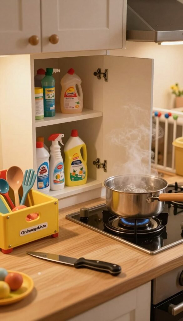 A cozy, warm-toned kitchen scene highlighting various dangerous hazards for young children. In the foreground, a sharp knife is left unattended on a countertop, near a colorful yet cluttered children's utensil drawer labeled "Ordnungskiste." The middle ground features an open cabinet filled with cleaning supplies, clearly visible with child-unfriendly labels, while a pot with boiling water simmers on the stove, steam rising gently. The background shows a child safety gate partially blocking the entrance, emphasizing the necessity of childproofing. The lighting is soft and inviting, creating a homey atmosphere, suggesting an inviting family space while simultaneously highlighting the potential dangers. The angle captures the scene from a slightly elevated perspective, providing a comprehensive view without any distractions.