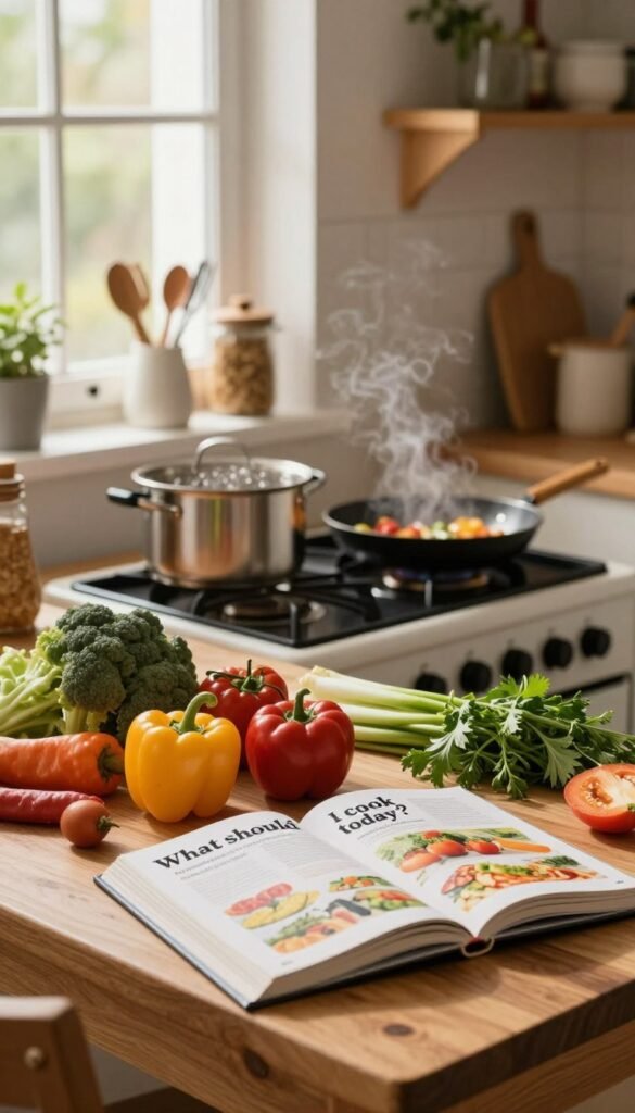 A cozy, warm-toned kitchen scene that captures the essence of "What should I cook today?" The foreground features a beautifully arranged wooden table with vibrant fresh vegetables, herbs, and a cookbook open to a colorful recipe page. In the middle, a modern stove displays a bubbling pot and a frying pan with sizzling ingredients, exuding a sense of warmth and activity. In the background, natural light streams through a window, illuminating an organized shelf featuring kitchen tools from "Ordnungskiste," adding a touch of order amidst the culinary chaos. The atmosphere is inviting yet slightly chaotic, embodying the stress of deciding what to cook, while still feeling homely and comfortable. The composition is framed with a shallow depth of field, focusing on the table and stove, creating a nostalgic Pinterest-like aesthetic.