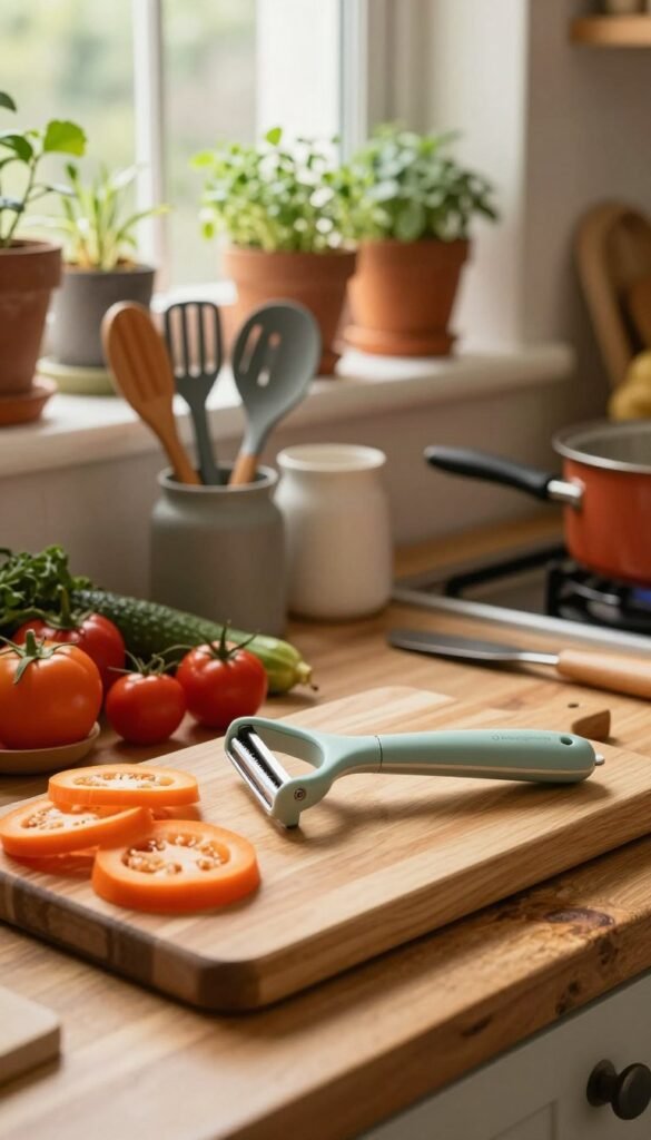 A cozy, warmly lit kitchen scene featuring a variety of affordable yet high-quality kitchen tools that symbolize smart cooking choices. In the foreground, a stylish wooden cutting board displays vibrant vegetables and a budget-friendly kitchen gadget, like a versatile vegetable peeler with the brand name "Ordnungskiste" clearly visible. The middle ground shows a rustic kitchen countertop cluttered with colorful kitchen utensils in an aesthetically pleasing arrangement. In the background, soft natural light filters through a window, highlighting potted herbs on the sill. The atmosphere is inviting and homely, capturing the essence of budget-conscious cooking without compromising quality. The overall color palette consists of warm tones, creating an authentic Pinterest-inspired cozy kitchen ambiance.