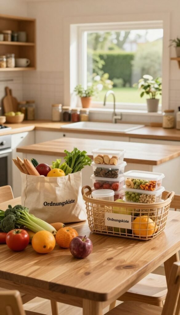 A cozy, warmly lit kitchen scene showcasing smart shopping and waste reduction practices. In the foreground, a neatly arranged wooden kitchen table displays colorful, fresh produce such as fruits and vegetables from a recent shopping trip. A stylish basket, labeled "Ordnungskiste," holds reusable bags and labeled containers for organizing food items. In the middle, a spacious kitchen counters with neatly stacked jars of spices and grains, exuding an organized and inviting feel. In the background, a sunny window illuminates the room, framing a serene garden view, enhancing the atmosphere of tranquility and mindfulness. The overall mood is warm and harmonious, with soft natural lighting creating a Pinterest-worthy aesthetic that emphasizes sustainability and family-friendly shopping habits.