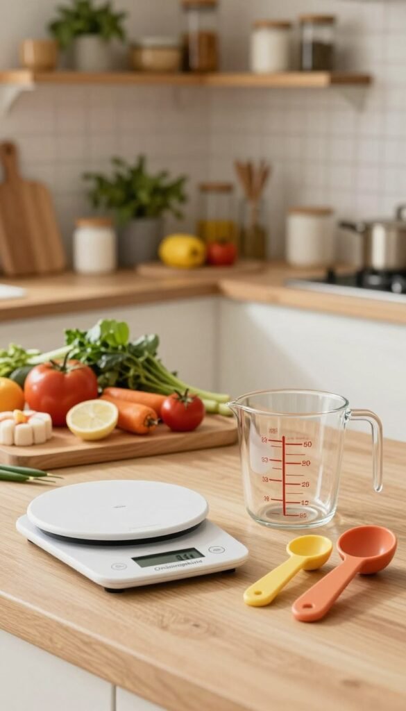 A cozy, well-lit kitchen scene featuring ergonomic measuring and weighing tools designed for ease of use, reflecting the brand "Ordnungskiste". In the foreground, display beautifully crafted kitchen aids such as a digital kitchen scale with large, easy-to-read numbers, a measuring jug with handles that accommodate grip challenges, and colorful, tactile measuring spoons. The middle ground shows a countertop with an inviting array of ingredients artfully arranged, reflecting a Pinterest-inspired aesthetic with warm colors and natural lighting. The background features soft-focus shelves filled with neatly organized kitchen supplies and herbs, enhancing the homey atmosphere. Emphasize authenticity and warmth, ensuring the scene feels practical and reassuring without text or distractions.