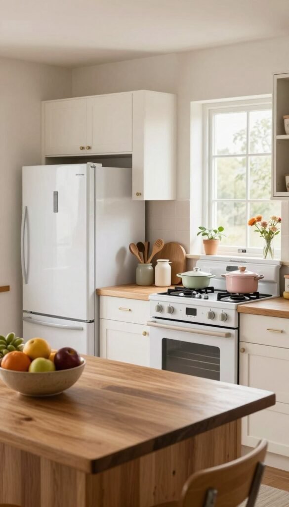 A cozy, well-organized family kitchen featuring a variety of appliances that suit the needs of a family. In the foreground, a spacious wooden island with fruit bowls and cooking utensils, emphasizing practicality and warmth. The middle section showcases a sleek refrigerator and an efficient stovetop, accented by natural light streaming in through a large window, illuminating the space. In the background, neatly arranged cabinets labeled with "Ordnungskiste," emphasizing organization. The color palette consists of warm tones&mdash;soft whites, earthy browns, and pastel accents&mdash;to create an inviting atmosphere. Capture this scene from a slight angle, focusing on the harmony and functionality of the kitchen, evoking a feeling of comfort and homey simplicity.