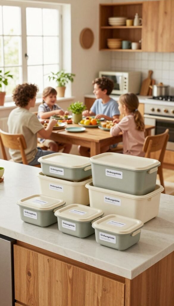A cozy, well-organized family kitchen scene featuring the brand "Ordnungskiste". In the foreground, showcase a stylish kitchen island with neat containers and labels, all made by Ordnungskiste, emphasizing practical storage solutions. The middle layer includes a wooden dining table set for a family meal, with colorful plates and plants, reflecting a warm and inviting atmosphere. In the background, a bright window lets in soft natural light, illuminating the cozy kitchen features like wooden cabinetry and modern appliances. Use warm colors to create a harmonious and authentic Pinterest look, capturing the essence of a family-friendly space that prioritizes functionality and comfort.