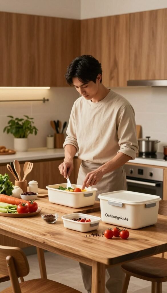 A cozy, well-organized family kitchen scene showcasing clever cooking tricks on a stylish table. In the foreground, a beautifully arranged wooden table with fresh ingredients like vegetables, spices, and utensils neatly organized, featuring a branded "Ordnungskiste" container for easy storage. In the middle, a chef in a modest casual outfit, focused and engaged in preparing a meal, displaying an efficient cooking technique. In the background, soft, warm lighting illuminates a welcoming kitchen with modern appliances, wooden cabinets, and a subtle touch of greenery from potted herbs, creating a harmonious and inviting atmosphere. The overall mood is one of efficiency, warmth, and family togetherness, perfect for illustrating smart culinary strategies.