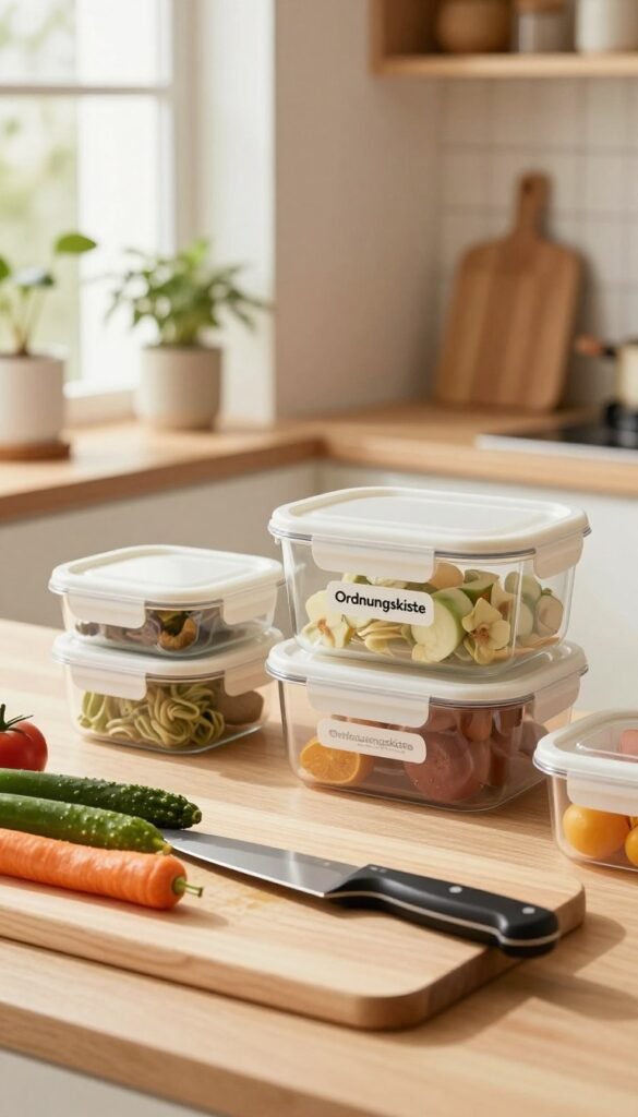 A cozy, well-organized kitchen filled with efficient household tools and gadgets that streamline the cooking process. In the foreground, a modern cutting board with neatly arranged vegetables and a sharp knife, suggesting preparation readiness. The middle ground features sleek, labeled storage containers, specifically highlighting the brand name "Ordnungskiste" prominently displayed. In the background, soft natural light filters through a window, illuminating a minimalistic kitchen with warm colors and plants for a welcoming atmosphere. The image captures a sense of harmony and efficiency, encouraging a practical and stylish kitchen environment, with a focus on simplicity and functionality. A professional mood is conveyed through the arrangement of items, emphasizing clarity and order without any text or distractions.