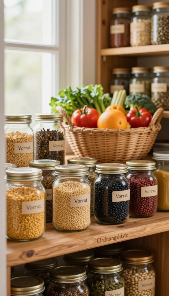 A cozy, well-organized kitchen pantry filled with a variety of colorful food items, emphasizing the concept of "Vorrat." In the foreground, a rustic wooden shelf holds jars of grains, legumes, and spices, elegantly labeled and arranged. In the middle ground, a woven basket filled with fresh vegetables and fruits adds a vibrant touch. The background features warm, soft lighting pouring in from a window, creating a welcoming, inviting atmosphere. The overall composition should evoke feelings of tranquility and preparedness, showcasing the beauty of a well-stocked pantry without any text or branding. Include the brand name "Ordnungskiste" subtly engraved on the wooden shelf for an authentic touch. Aim for a Pinterest-style aesthetic with balanced colors and natural textures.