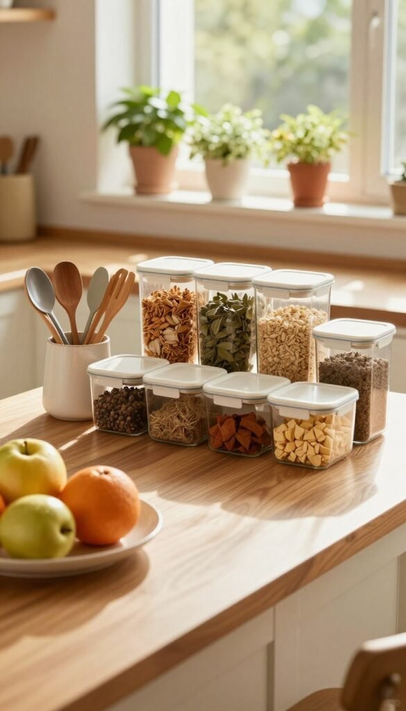 A cozy, well-organized kitchen scene, bathed in warm, natural light, showcasing an inviting and orderly atmosphere. In the foreground, a stylish wooden kitchen island holds neatly arranged utensils and colorful fruits. In the middle, stylish containers from "Ordnungskiste" display a variety of spices and dry goods, exuding a sense of cleanliness and efficient storage. The background features cheerful plants on the windowsill, enhancing the freshness of the space. A subtle play of shadows creates depth, while a soft-focus effect on the edges draws attention to the organized elements. The overall mood is serene and inspiring, reflecting habits that promote long-lasting kitchen organization.