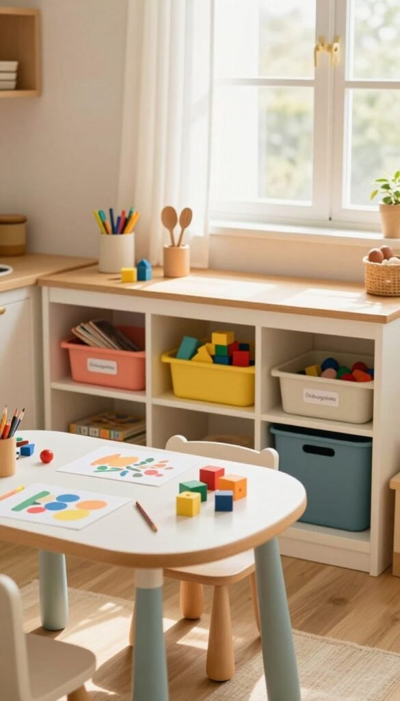 A cozy, well-organized kitchen scene designed for children, featuring colorful storage solutions labeled as "Ordnungskiste." In the foreground, a playful, child-sized table is scattered with art supplies and neatly arranged toys, inviting creativity. In the middle, cheerful shelves display various bins that are easy for children to access, filled with colorful blocks, books, and kitchen utensils. The background shows a bright, sunny window with soft curtains, casting warm, natural light throughout the space. The atmosphere is inviting and playful, with a Pinterest-inspired aesthetic focusing on warmth and authenticity. The image demonstrates a practical, child-friendly organization system that encourages participation and easy access without any text or distractions.