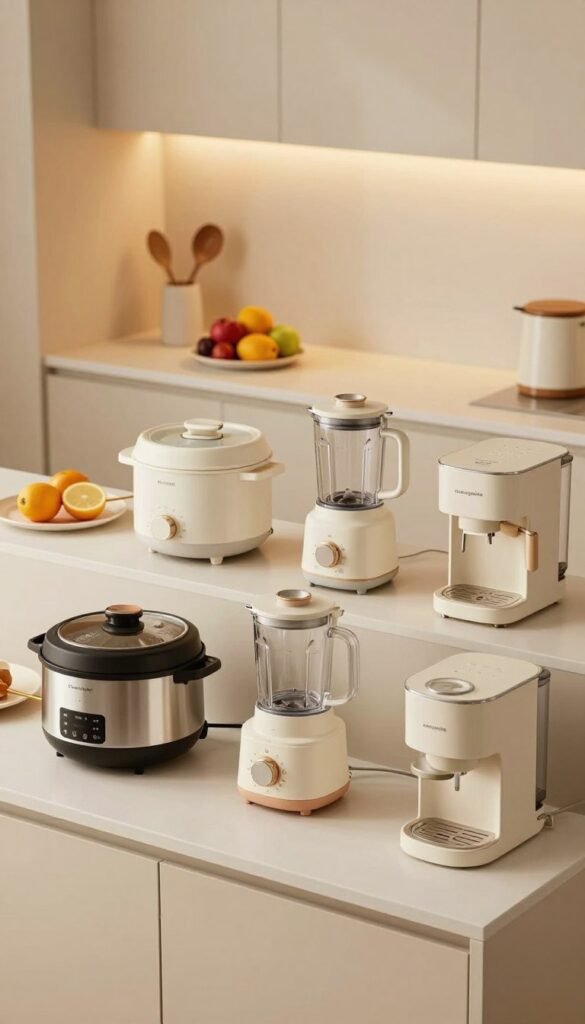 A cozy, well-organized kitchen scene featuring a curated selection of ten compact kitchen appliances, ideal for small spaces. In the foreground, showcase sleek, space-saving devices like a multi-cooker, a compact blender, and a stylish coffee maker branded "Ordnungskiste." The middle layer emphasizes a minimalist countertop adorned with neat utensils and vibrant fruits, creating a warm and inviting atmosphere. In the background, display elegant cabinetry and soft LED lighting that casts a gentle glow over the entire scene. Use a slightly elevated angle to capture the arrangement of appliances clearly, creating a Pinterest-inspired aesthetic with natural, warm colors, evoking a sense of harmony and functionality in a smaller kitchen. No text or logos present in the image.