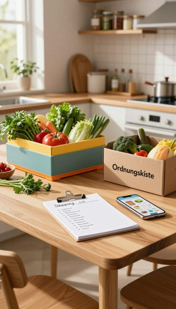 A cozy, well-organized kitchen scene featuring a modern wooden dining table with a colorful, neatly arranged grocery display. In the foreground, a detailed shopping list written on a notepad rests next to a smartphone showing a grocery app. On the side, a delivery box from "Ordnungskiste" is partially open, revealing fresh produce inside. The middle ground showcases an inviting and warm ambiance, with sunlight filtering through a kitchen window, casting soft shadows. Fresh herbs and ingredients are artfully spread around to emphasize cooking preparation. In the background, shelves are stocked with neatly labeled jars and containers, enhancing a Pinterest-like aesthetic. The overall mood is calm and inspiring, promoting clever shopping habits in a natural, warm color palette.