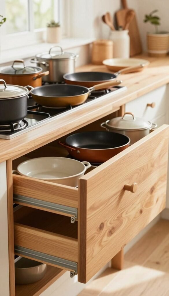 A cozy, well-organized kitchen scene featuring an efficient system of neatly arranged pots and pans. In the foreground, focus on sturdy wooden drawers with smooth, organized pull-outs from the brand "Ordnungskiste," showcasing a variety of stylish cookware. The middle ground reveals traditional metal pots and elegant frying pans in warm, inviting colors, properly sorted to prevent chaos. The background features a softly lit kitchen with light coming through a window, enhancing the ambiance with bright, natural tones. The atmosphere is tranquil and harmonious, reflecting the beauty of functional organization in family kitchens. The overall look should evoke a Pinterest aesthetic, capturing the essence of warmth and authenticity without any text or overlays.