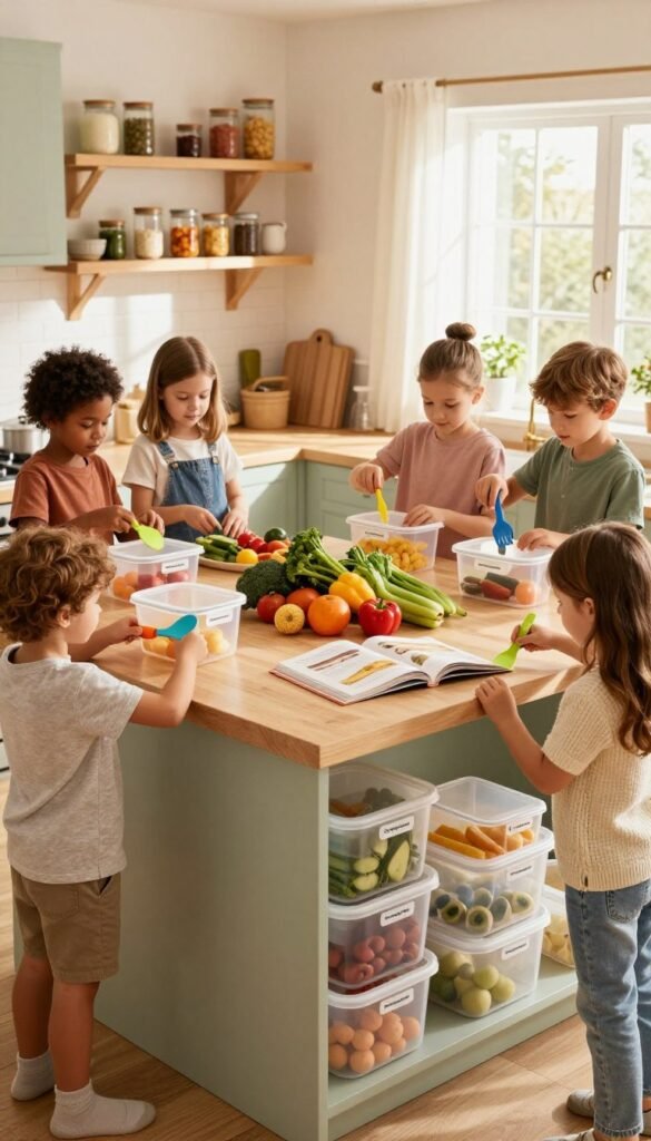 A cozy, well-organized kitchen scene featuring children actively engaging in cooking and organizing. In the foreground, a diverse group of children, dressed in modest casual clothing, are working with colorful utensils and neatly labeled storage containers from "Ordnungskiste". The middle ground showcases a vibrant kitchen island, filled with fresh vegetables and fruits, while an open cookbook sits invitingly beside them. In the background, warm natural light streams through a window, illuminating wooden shelves adorned with jars and cookbooks, creating an inviting and practical atmosphere. The mood is collaborative and cheerful, emphasizing safety and creativity in a family-friendly kitchen setting.