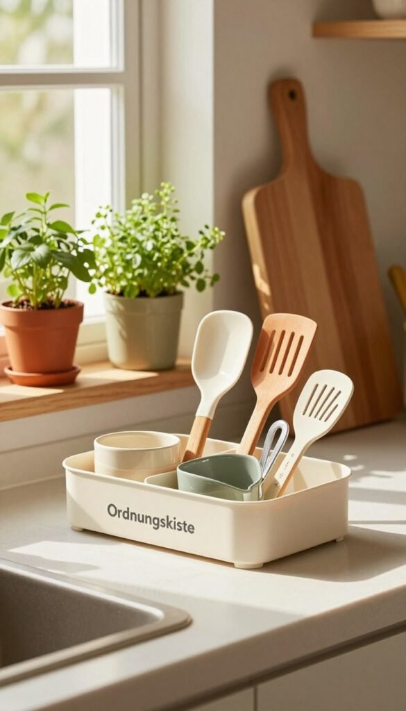 A cozy, well-organized kitchen scene showcasing a stylish "Ordnungskiste" organizer, positioned prominently on a sleek countertop. In the foreground, the organizer is filled with various kitchen tools like spatulas, measuring cups, and utensils, all easily accessible. The middle ground features a warm wooden cutting board and fresh herbs in vibrant pots, enhancing the inviting atmosphere. In the background, soft, dreamy natural light filters through a window, casting gentle shadows and creating a Pinterest-worthy ambiance. The overall color palette is warm and earthy, evoking a sense of comfort and functionality, perfect for small kitchen spaces exploring efficient organization without clutter.
