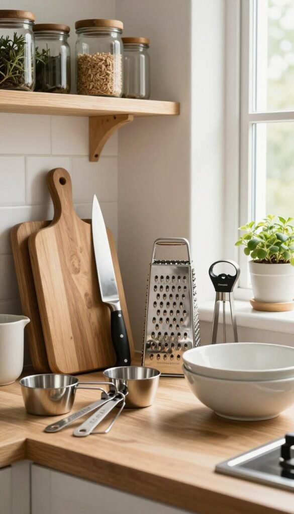A cozy, well-organized kitchen scene showcasing durable kitchen helpers from the brand "Ordnungskiste". In the foreground, there are high-quality kitchen utensils like a wooden cutting board, stainless steel measuring cups, and ceramic mixing bowls, all gleaming with a sense of longevity. The middle ground features neatly arranged gadgets such as a durable chef's knife, a sturdy grater, and a reliable can opener, demonstrating their robust design. In the background, soft, natural light pours in through a window, illuminating a shelf filled with neatly stored glass jars and herbs, adding a warm, inviting atmosphere. The overall mood is one of authenticity and tranquility, with a Pinterest-inspired aesthetic that emphasizes the beauty of longevity in kitchen tools.