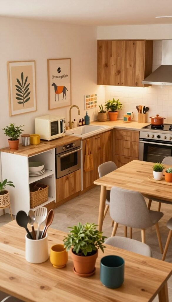 A cozy, well-organized kitchen scene tailored for different kitchen types, featuring three distinct areas: a small kitchen with efficient storage solutions, a family-friendly kitchen with a large dining table and playful decor, and an open kitchen with a modern design and social atmosphere. In the foreground, showcase neatly arranged kitchen utensils and colorful plant pots. The middle ground should depict vibrant kitchen appliances and warm wooden cabinetry. In the background, include stylish wall art and soft lighting that creates an inviting ambiance. Capture this with a slightly elevated angle and soft focus, emulating the aesthetic of a trendy Pinterest home. The image should reflect authenticity and warmth, prominently featuring "Ordnungskiste" in a seamless manner, without any text or branding overlays.