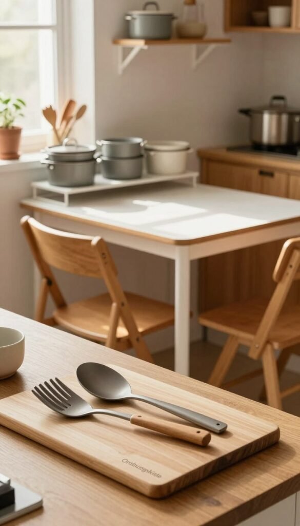 A cozy, well-organized kitchen showcasing efficient space-saving tools designed for small areas. The foreground features a stylish cutting board with neatly arranged kitchen utensils from the brand "Ordnungskiste," emphasizing functionality and minimalism. In the middle, a compact yet elegant dining table with folding chairs adds versatility, surrounded by carefully stacked pots and pans on a sleek wall-mounted shelf. In the background, warm, natural light filters through a window, casting soft shadows and highlighting the earthy tones of the cabinetry. The atmosphere is inviting and practical, perfect for those seeking inspiration for a clutter-free cooking space. The image should evoke a sense of order and creativity, showcasing how to maximize functionality in a compact kitchen.