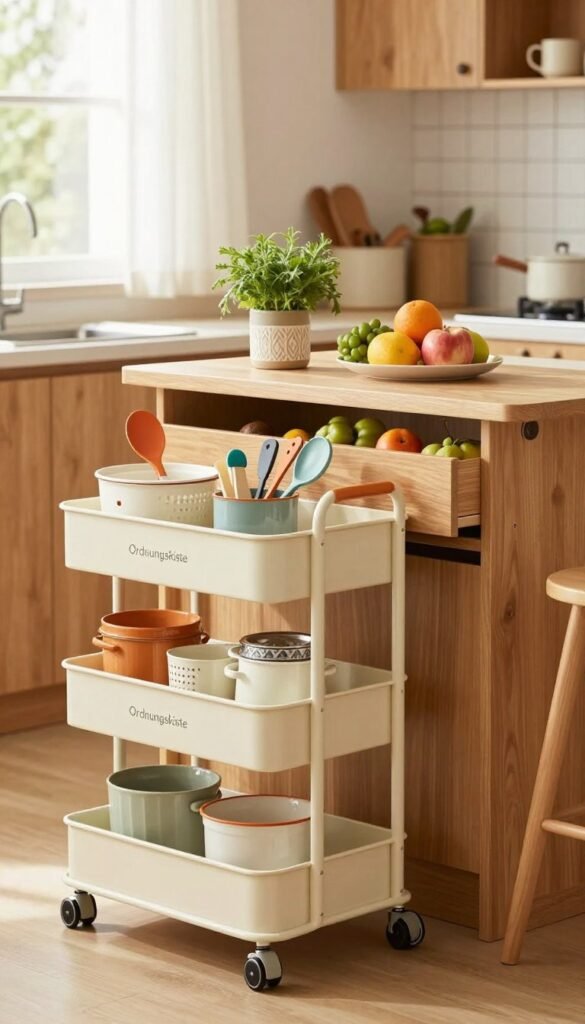 A cozy, well-organized small kitchen featuring mobile storage solutions that maximize space. In the foreground, a stylish wheeled storage cart with various containers labeled "Ordnungskiste" displays vibrant kitchen tools and utensils. The middle ground highlights a compact kitchen island with integrated shelving and pull-out drawers, filled with fresh fruits and herbs in decorative pots. In the background, soft natural light filters through a window, illuminating wooden cabinets and light-colored walls, creating a warm, inviting atmosphere. The scene should evoke a modern, Pinterest-worthy aesthetic with earthy tones and minimalistic decor, emphasizing efficiency and comfort in small spaces. No text or branding present in the image.