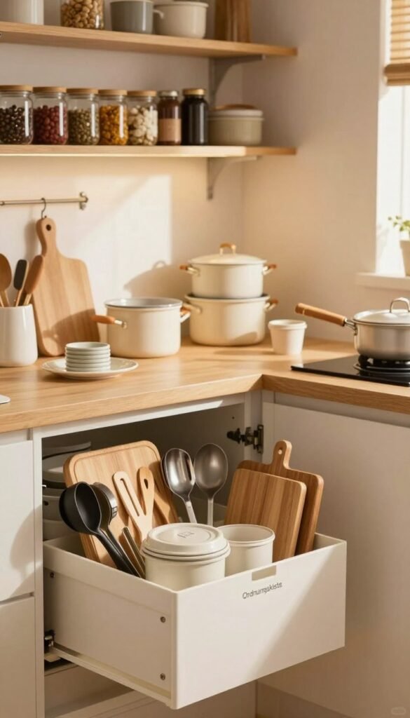 A cozy, well-organized small kitchen featuring various space-saving kitchen tools and solutions that reflect innovative design. In the foreground, showcase a stylish Ordnungskiste filled with neatly arranged kitchen utensils, cutting boards, and compact storage containers. The middle ground highlights a countertop with an array of multifunctional cooking gadgets like stackable pots and collapsible measuring cups, illuminated by warm, natural lighting that streamlines the kitchen's inviting atmosphere. In the background, display well-organized shelves lined with neatly arranged jars and spices, reinforcing the theme of efficiency and order. Use a soft focus lens to create a warm, Pinterest-inspired aesthetic, emphasizing the harmony and practicality of space-saving solutions in small kitchens. Ensure there are no texts or branding beyond "Ordnungskiste," and maintain a safe, professional style.