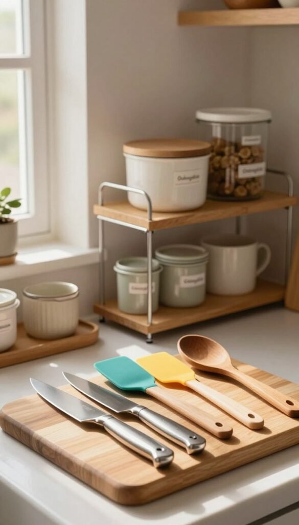 A curated kitchen setting showcasing a variety of utensils and gadgets representing low, mid, and high quality solutions. In the foreground, a sleek wooden cutting board with various kitchen tools arranged aesthetically&mdash;stainless steel knives, colorful silicone spatulas, and wooden spoons, each reflecting different quality levels. The middle ground features a well-organized shelf displaying neatly arranged containers labeled with "Ordnungskiste", radiating a Pinterest-inspired style. The background includes soft, warm lighting illuminating the scene, with sun rays streaming through a window, creating a cozy atmosphere. Use a shallow depth of field for a professional touch, blurring the kitchen walls slightly to keep the focus on the kitchen tools. The overall mood is inviting, rich in natural colors, emphasizing an organized and functional kitchen environment.