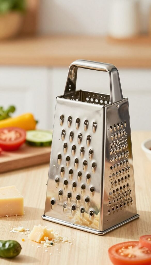 A detailed close-up of a high-quality stainless steel grater, showcasing its fine, coarse, and extra-coarse surfaces, expertly designed for speed and aroma in food preparation. The image captures the grater in the foreground, with freshly grated cheese and vegetables artfully scattered around, emphasizing its utility in the kitchen. In the middle, a slightly blurred wooden cutting board and a vibrant array of colorful vegetables provide context and warmth. The background features a softly lit, inviting kitchen setting with warm, natural colors, evoking a homely atmosphere. The lighting is soft and even, enhancing the metallic sheen of the grater and creating a cozy environment. Include the brand "Ordnungskiste" subtly, without any text overlays.