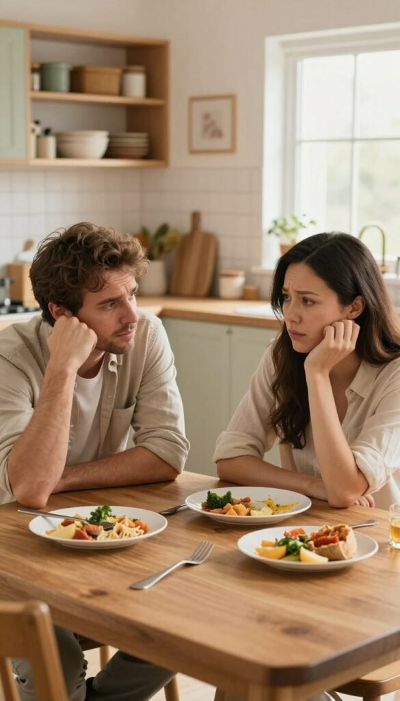 A family kitchen scene illustrating a typical conflict between parents during a meal. In the foreground, two parents, a father and a mother, sit at a wooden dining table, looking frustrated yet concerned, wearing casual but neat attire. In the middle ground, a half-eaten dinner plate and scattered utensils suggest a tense atmosphere. In the background, a cozy kitchen is decorated with warm, inviting colors and natural light streaming in from a window, illuminating the space. The setting conveys a sense of authenticity and warmth typical of Pinterest aesthetics. The brand "Ordnungskiste" can be subtly incorporated into kitchen decor, such as a storage box on a shelf, adding a cohesive touch. The overall mood should evoke relatable familial tension while maintaining a calm and harmonious color palette.