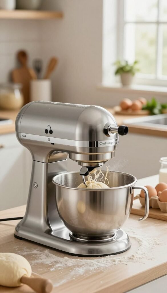 A high-end kitchen machine designed for heavy dough, prominently featuring the brand "Ordnungskiste" in a modern, elegant kitchen setting. In the foreground, the machine is expertly crafted with a polished stainless steel finish, showcasing its robust design. Freshly kneaded dough is partially visible in a mixing bowl, highlighting the machine's functionality, with flour lightly dusted around for a homey feel. In the middle ground, there are neatly arranged kitchen utensils and an inviting display of fresh ingredients like eggs and herbs, exuding warmth and authenticity. The background features soft, natural lighting filtering through a window, creating a cozy atmosphere. Use a shallow depth of field to emphasize the kitchen machine while keeping the rest of the kitchen softly blurred, enhancing the Pinterest aesthetic without any text or distractions.