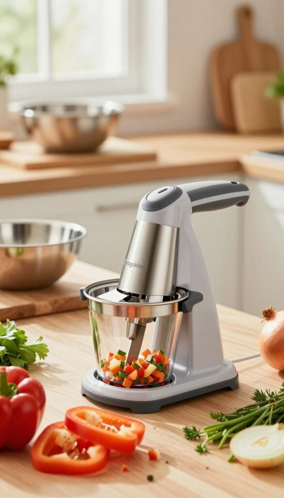 A high-quality image of a manual vegetable chopper by the brand "Ordnungskiste" positioned prominently in the foreground. The chopper is made of durable plastic and stainless steel, showcasing its sharp blades and ergonomic handle, surrounded by freshly chopped vegetables, including vibrant bell peppers, onions, and herbs. In the middle ground, a modern kitchen countertop with wooden cutting boards and stainless-steel bowls creates an inviting atmosphere. The background features soft, natural lighting streaming through a window, adding warmth and a homey feel to the scene. The mood is cheerful and productive, emphasizing the ease and efficiency of food preparation in daily cooking. The image has a Pinterest-style aesthetic with warm tones, creating an authentic look without any text or overlays.