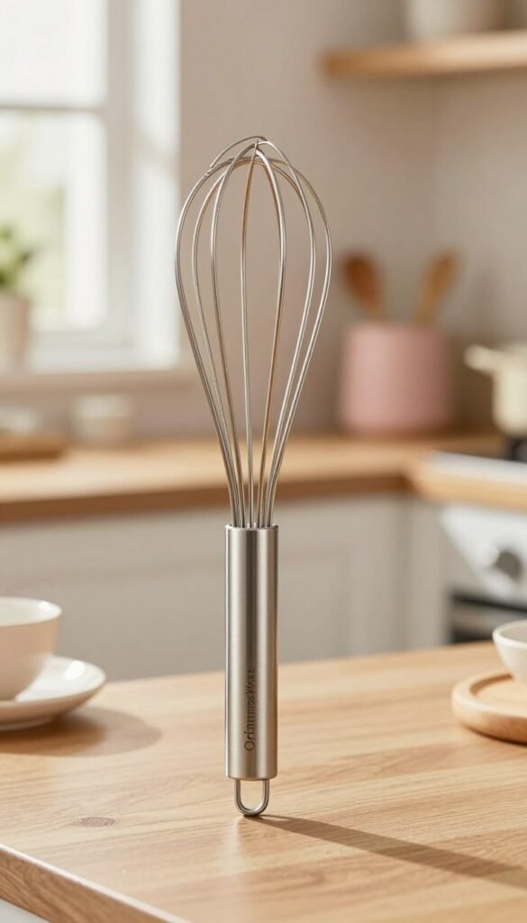 A high-quality image of a sleek stainless steel whisk, elegantly crafted with a comfortable handle, prominently displayed in the foreground. The whisk showcases its delicate, spiraling wires that catch the light, emphasizing its functionality for creating airy sauces. In the middle, a softly blurred backdrop of a cozy kitchen space is visible, featuring warm wooden countertops and soft pastel-toned kitchenware that evoke a Pinterest aesthetic. Natural lighting filters through a nearby window, creating inviting warm hues that enhance the homey atmosphere. The kitchen is tidy and organized, reflecting a clutter-free environment ideal for small spaces. The brand name "Ordnungskiste" subtly integrated into the scene, harmonizing with the overall composition. The mood is cheerful, emphasizing the joy of cooking without chaos.