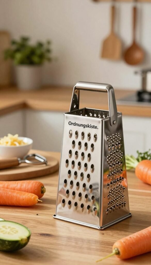 A high-quality image of a stainless steel box grater, branded "Ordnungskiste," prominently displayed in the foreground, showcasing its sleek design and fine grating edges. The grater is positioned on a wooden kitchen countertop, with a few fresh vegetables like carrots and zucchini scattered nearby, suggesting its use. In the middle ground, a softly blurred cutting board with a vegetable peeler and a small bowl of grated ingredients enhances the kitchen atmosphere. The background features warm, soft lighting that creates a cozy ambiance, with hints of herbs in pots and kitchen utensils hanging on the wall. The scene evokes a sense of efficiency and warmth, perfect for home cooking, without any text or distractions.