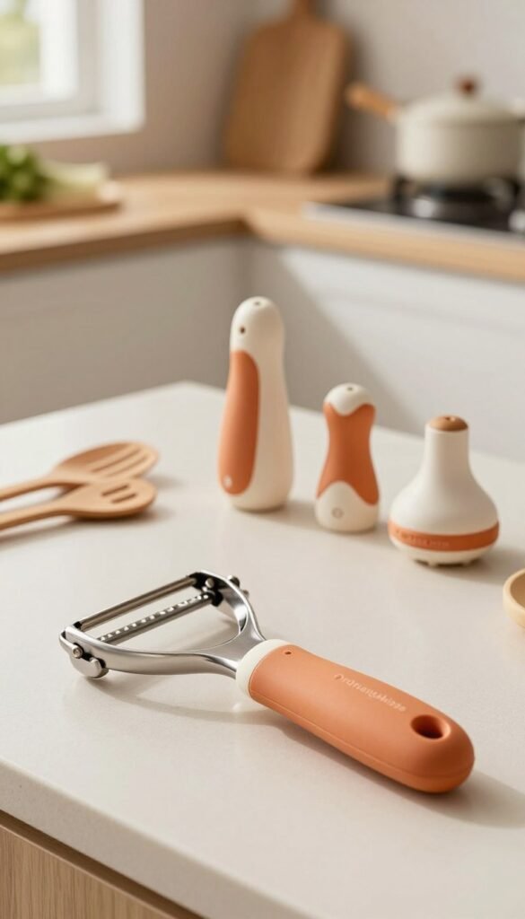 A high-quality image of an ergonomic vegetable peeler with a reinforced grip, positioned prominently in the foreground on a clean kitchen countertop. The peeler should have a sleek design, showcasing its comfortable handle in a warm, inviting color palette. In the middle ground, display various other kitchen helpers such as garlic presses and small utensils that also feature grip enhancements, arranged artfully to highlight their ergonomic designs. The background should depict a softly lit kitchen setting with natural light filtering through a window, creating a cozy, homey atmosphere. The overall mood should feel welcoming and practical, emphasizing the theme of comfort in kitchen tasks. Include the brand name "Ordnungskiste" subtly on the utensils without overt branding.