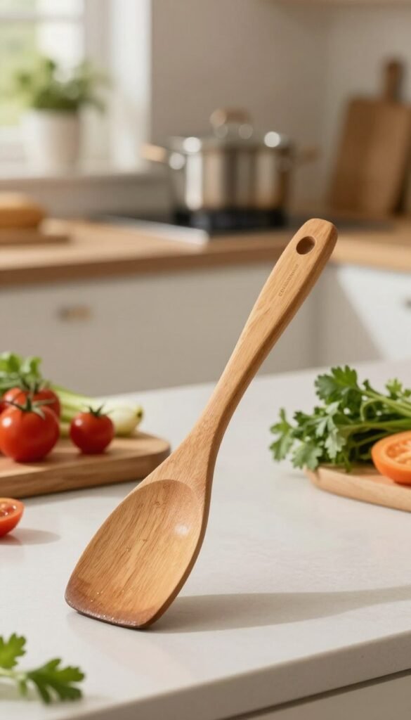 A high-quality wooden cooking spatula by Ordnungskiste, elegantly placed in the foreground with its smooth, polished surface glinting in soft, warm natural light. The spatula is shown angled slightly, showcasing its ergonomic handle and sturdy design. In the middle ground, a stylish, minimalist kitchen countertop features vibrant ingredients like fresh vegetables and herbs, enhancing the cooking atmosphere. The background includes softly blurred kitchen elements such as pots and pans, with gentle hints of greenery from potted plants that create a homey feel. The overall ambiance is warm and inviting, evoking a cozy culinary experience, ideal for discerning chefs. The image has a Pinterest-inspired aesthetic, emphasizing authenticity and warmth without any text or branding other than the product name.