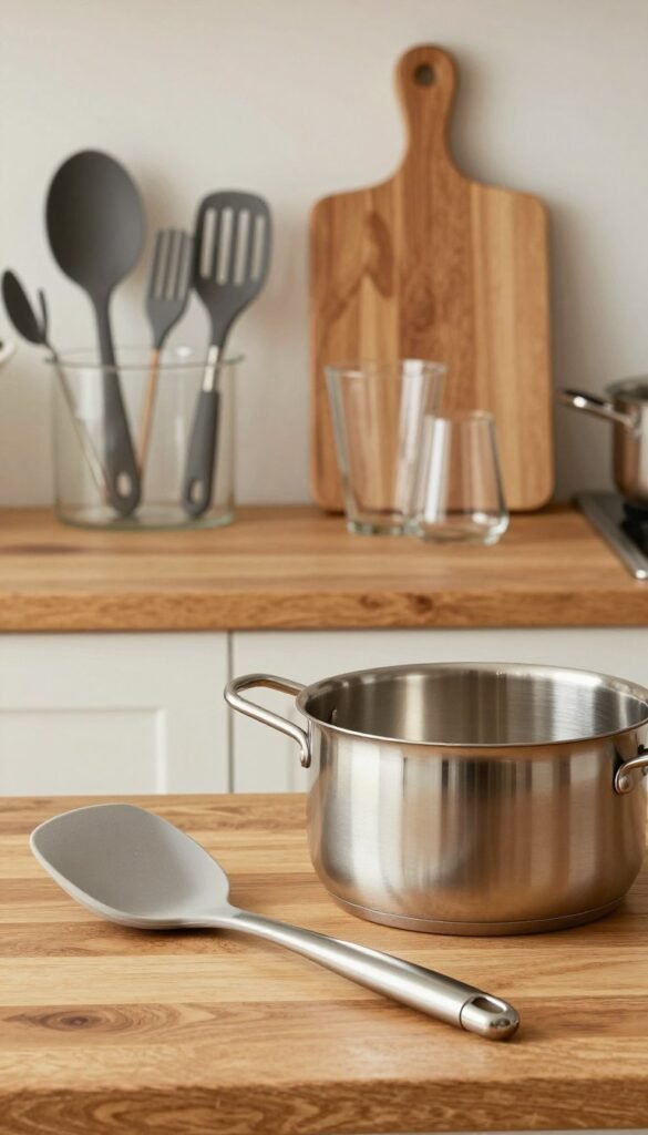 A high-resolution image showcasing an organized kitchen scene, featuring various kitchen utensils made from different materials, such as heat-resistant silicone, stainless steel, and tempered glass, all prominently displayed on a wooden countertop. In the foreground, a beautifully crafted silicone spatula and a sturdy stainless steel pot gleam with warm light, creating an inviting atmosphere. The middle layer includes an array of kitchen tools, artfully arranged, with an elegant cutting board in the background. Soft, diffused natural lighting illuminates the entire scene, enhancing the earthy color palette and creating a cozy Pinterest-inspired vibe. The brand name "Ordnungskiste" is subtly integrated into the design, ensuring it feels authentic and cohesive without any text overlays.