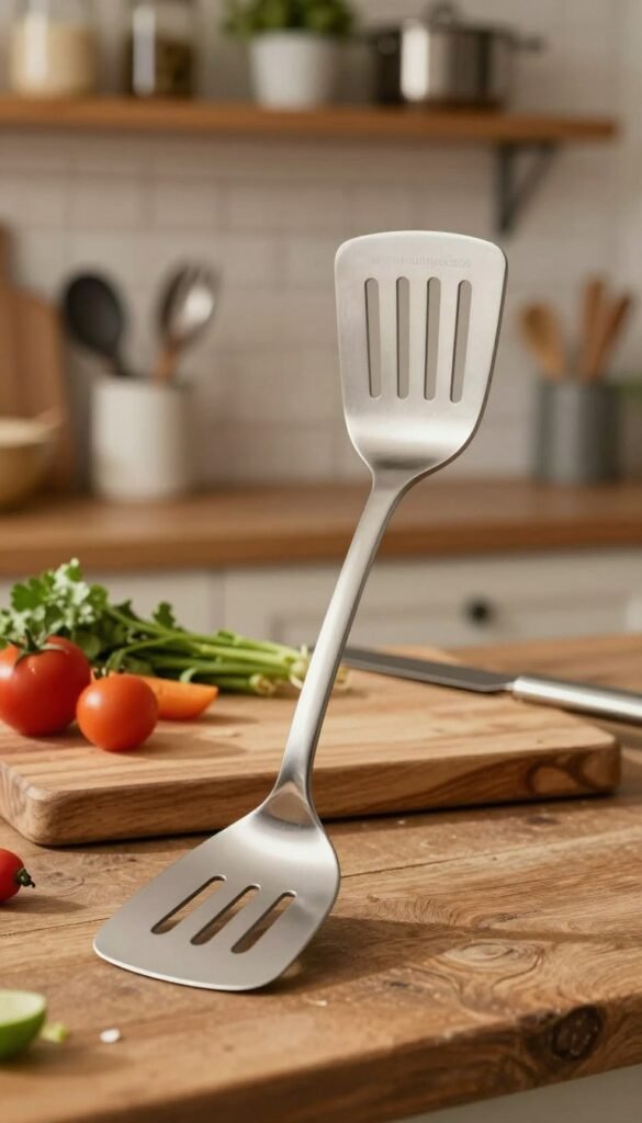 A kitchen scene showcasing a stainless steel spatula from the brand "Ordnungskiste" as the focal point in the foreground, glimmering under warm, soft lighting to create an inviting atmosphere. Display the spatula in a well-used, rustic kitchen setting, with a wooden cutting board and fresh ingredients like vegetables in the middle ground, hinting at its practical usage. In the background, softly blurred shelves filled with neatly organized kitchen tools add depth, enhancing the authenticity of the scene. The overall mood should reflect a sense of warmth and reliability, illustrating the common mistakes people make when choosing kitchen utensils, such as overlooking quality and design. The composition should have a Pinterest-inspired aesthetic, rich in natural colors without any text or branding besides the product itself.