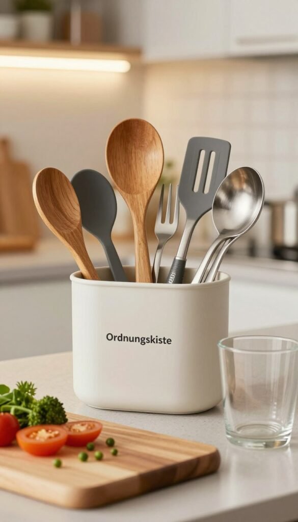A kitchen workspace featuring a stylish comparison of different material mixes for kitchen tools, showcasing both wooden and stainless steel utensils alongside other materials like silicone and glass. In the foreground, a wooden cutting board is placed with scattered fresh vegetables, hinting at culinary creativity. The middle ground highlights various utensils organized in a stylish container labeled "Ordnungskiste," emphasizing organization. The background features a softly lit kitchen with warm lighting, creating a cozy and inviting atmosphere. Use a shallow depth of field to focus on the utensils while softly blurring the background, giving a Pinterest-inspired aesthetic. The image reflects a modern and practical cooking style, emphasizing authenticity and warmth without any text or signatures.