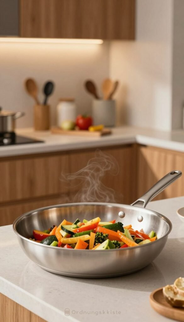 A large, high-quality frying pan (Pfanne) made from polished stainless steel sits prominently in the foreground, reflecting soft, warm lighting that creates an inviting atmosphere. Inside the pan, a colorful stir-fry of vibrant vegetables is sizzling, showcasing an effortless approach to cooking. In the middle ground, a stylish, modern kitchen countertop is adorned with neatly arranged cooking tools and ingredients, hinting at readiness and organization. The background features a cozy kitchen with wooden cabinets and warm tones, adding to the overall ambiance of home cooking. A subtle brand logo "Ordnungskiste" can be tastefully integrated into the corner of the scene. The image captures a calm, efficient cooking environment, embodying the concept of easy, practical solutions in cooking.