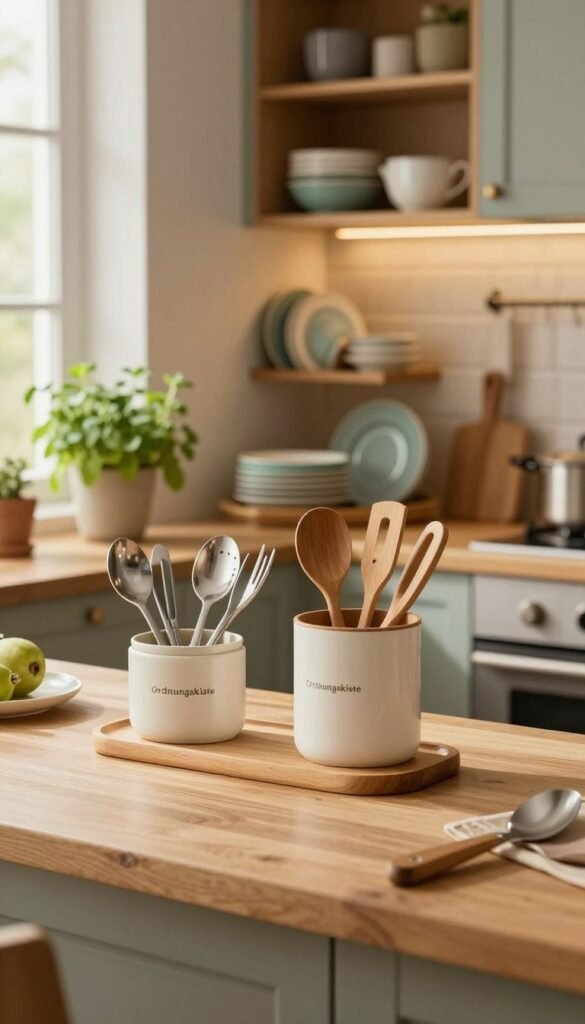 A meticulously organized kitchen scene where every item has its designated place, showcasing a blend of functionality and aesthetics. In the foreground, a wooden countertop displays neatly arranged utensils, with a stylish container labeled "Ordnungskiste" emphasizing the concept of order. The middle ground features an open cabinet, showcasing colorful dishware, while an herb garden sits in the corner, adding a touch of greenery. The background reveals a softly lit kitchen with warm, inviting colors, where natural light streams in through a window, creating a cozy atmosphere. This image captures the essence of a stress-free cooking space, promoting the idea that organization can lead to tranquility in culinary activities. The overall mood is calm, clean, and pleasing to the eye.